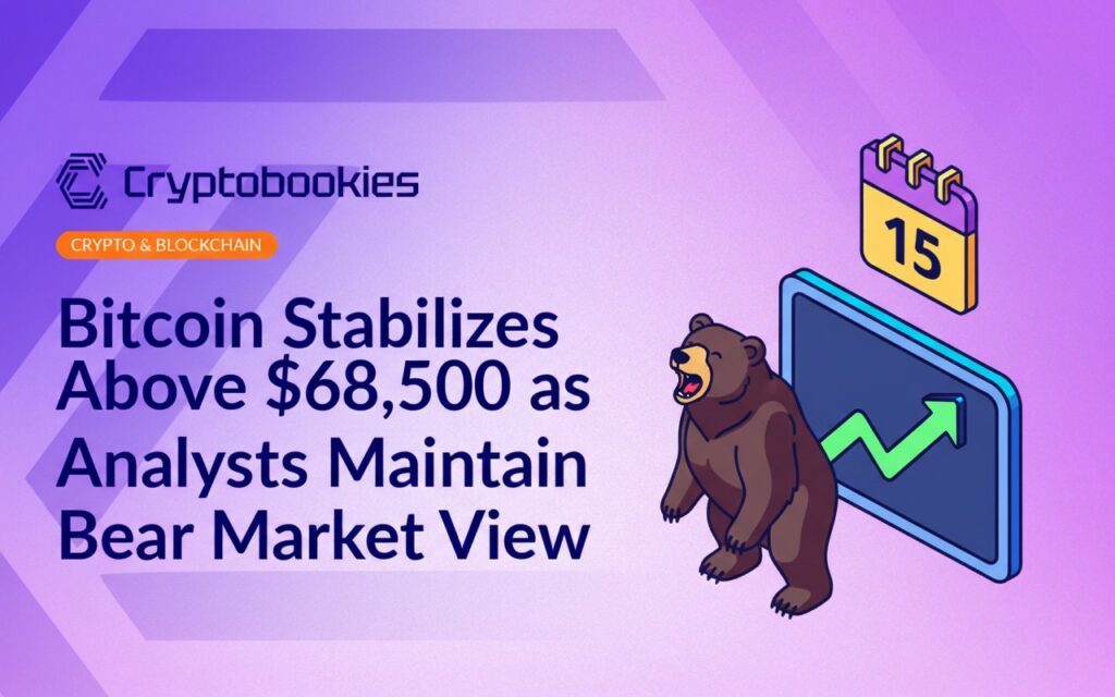 Isometric financial chart screen with rising line, large brown bear statue beside it, and a floating calendar page above.