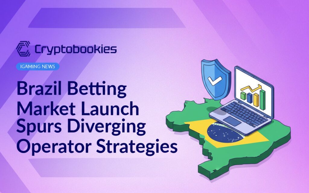 Map of Brazil in flag colors next to a shield with checkmark and a laptop displaying a rising bar chart on screen