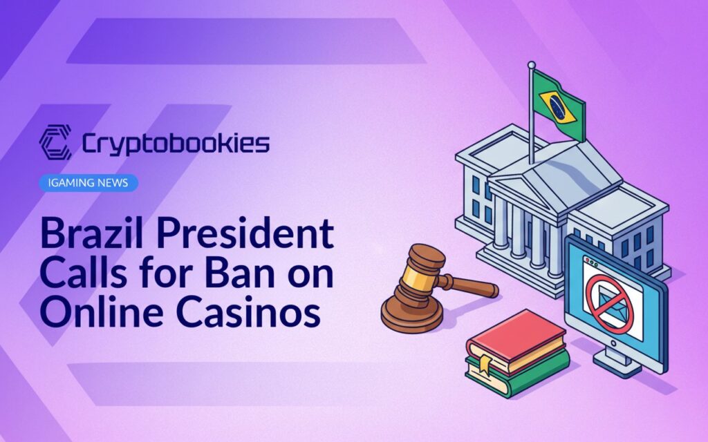 Brazilian government building with flag, wooden gavel on law book, computer monitor displaying a red prohibition symbol.