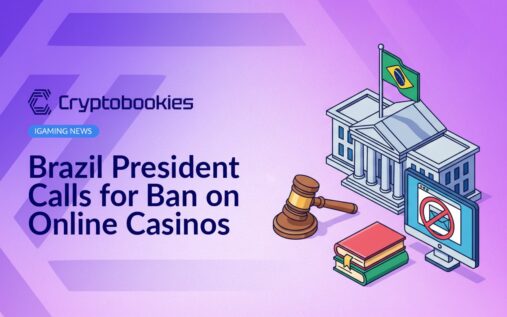 Brazilian government building with flag, wooden gavel on law book, computer monitor displaying a red prohibition symbol.