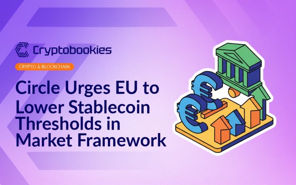 Close-up of a digital token labeled "USDC" surrounded by EU flag stars on a dark background.