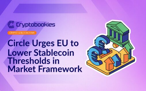 Close-up of a digital token labeled "USDC" surrounded by EU flag stars on a dark background.