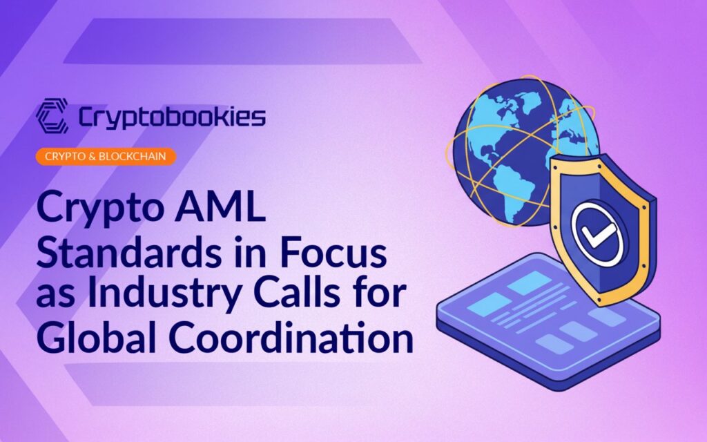Transparent digital ledger book, globe with network lines, and shield with checkmark seal on a dark background.