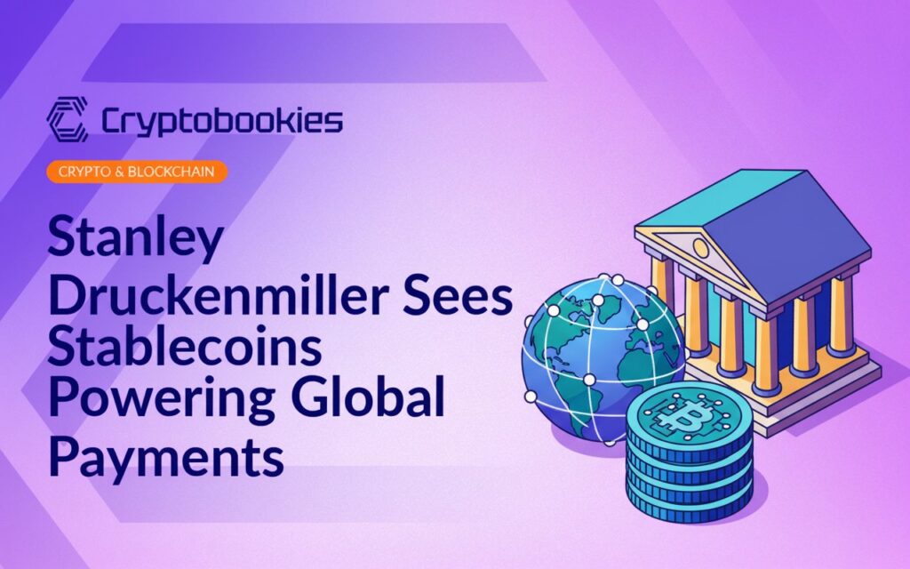 Globe with interconnected lines, stack of digital coins with circuit designs, and classical bank building against dark background