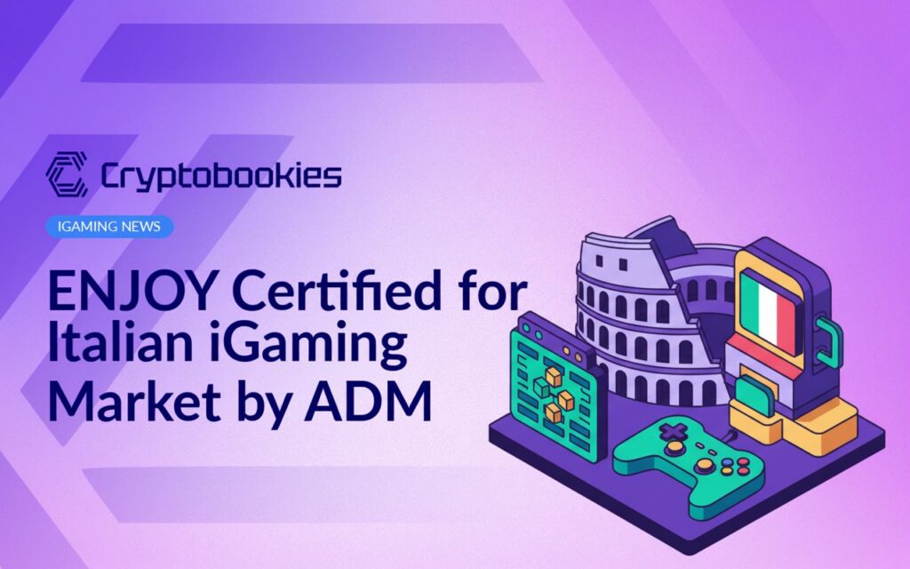 ENJOY logo next to Italian flag and ADM emblem on a digital background with gaming icons and certification symbols.