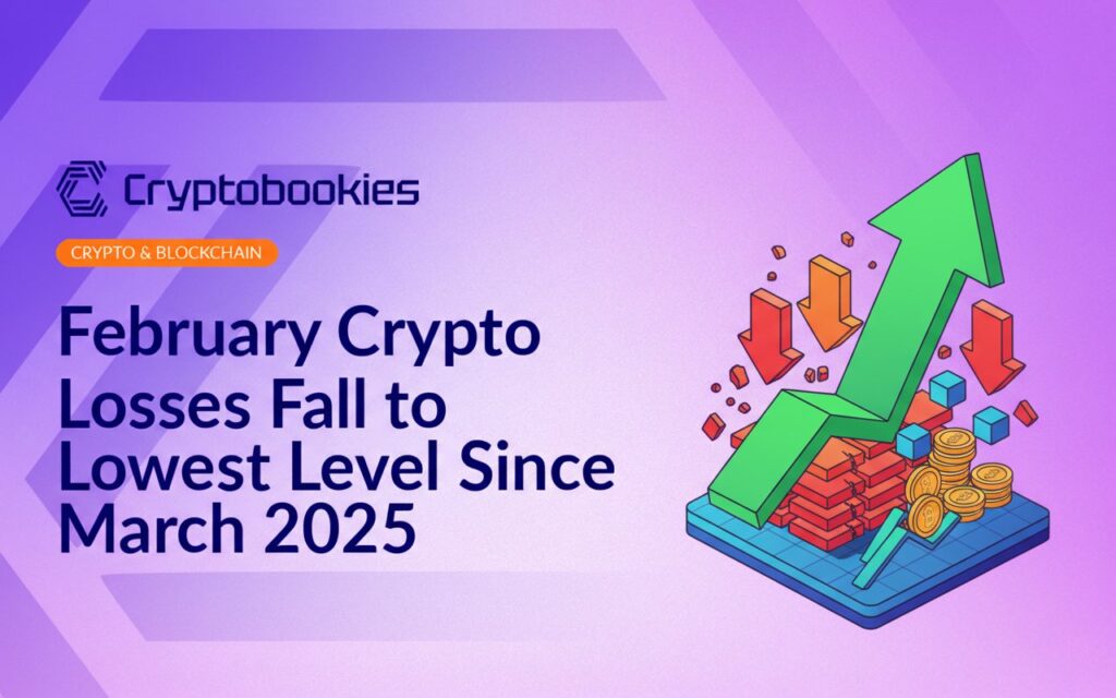 Line graph with a downward trend in red, February 2025 marked, overlaid on a dark background with crypto coin icons.