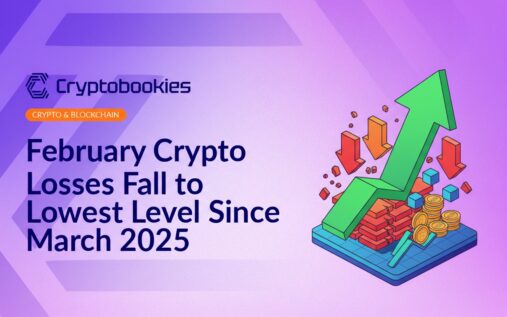 Line graph with a downward trend in red, February 2025 marked, overlaid on a dark background with crypto coin icons.