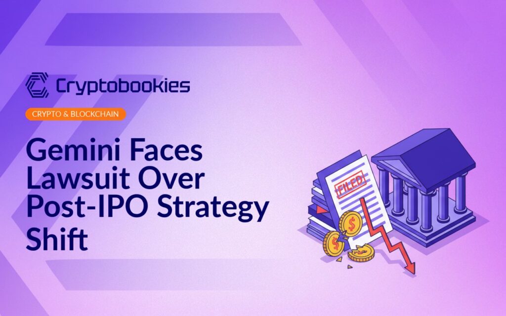 Courthouse facade beside stamped disclosure documents, cracked coins, and a declining stock chart with falling arrows.