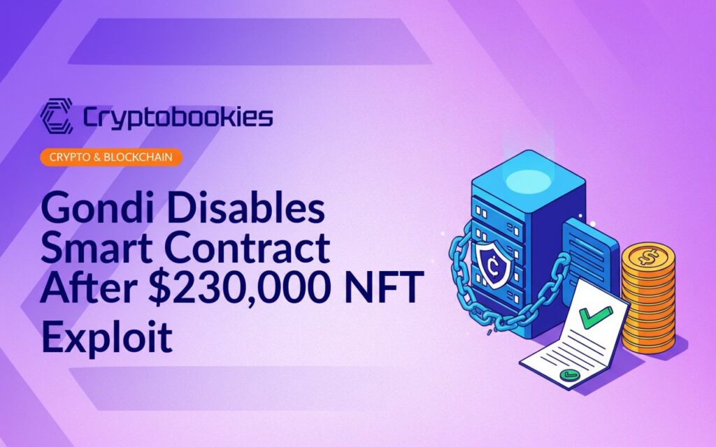 Server with broken chain link, digital vault with shield emblem, document with checkmark, and stacked coins on blue background