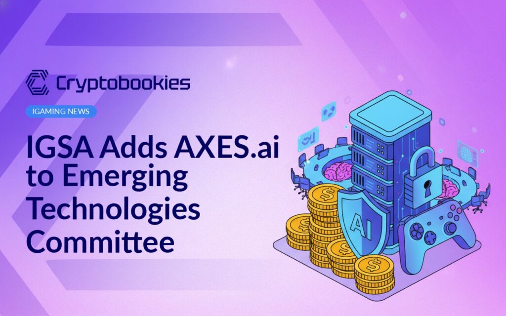 AI conference table with holographic data, stacked gold coins with shield badge, and locked server tower holding a game controller.