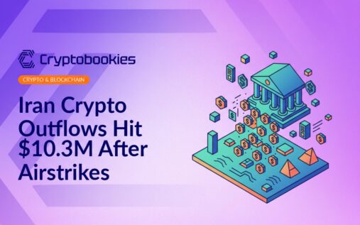 Map of Iran with highlighted cryptocurrency symbols and icons of airstrikes depicted by explosions over the region