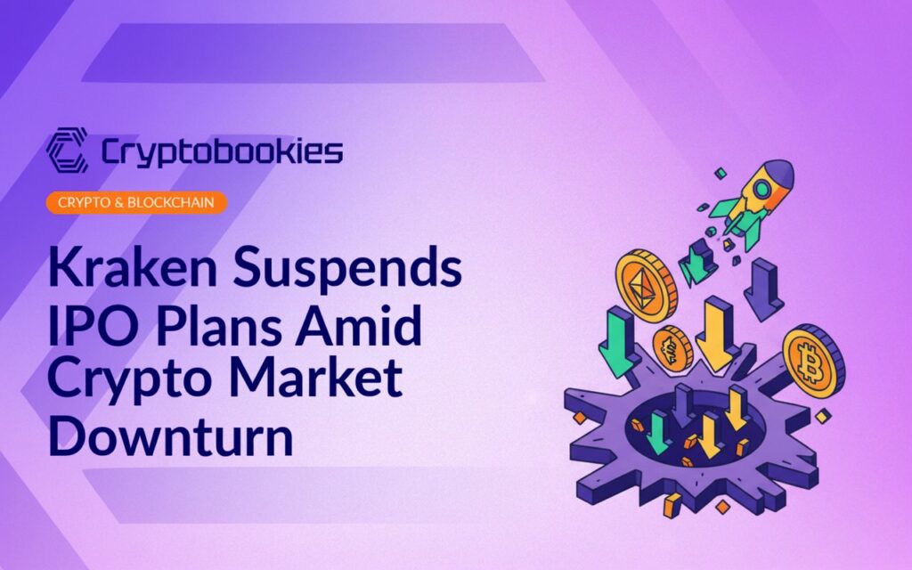 Dark blue background with a white Kraken logo and downward trending red arrow, symbolizing market decline.