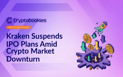 Dark blue background with a white Kraken logo and downward trending red arrow, symbolizing market decline.