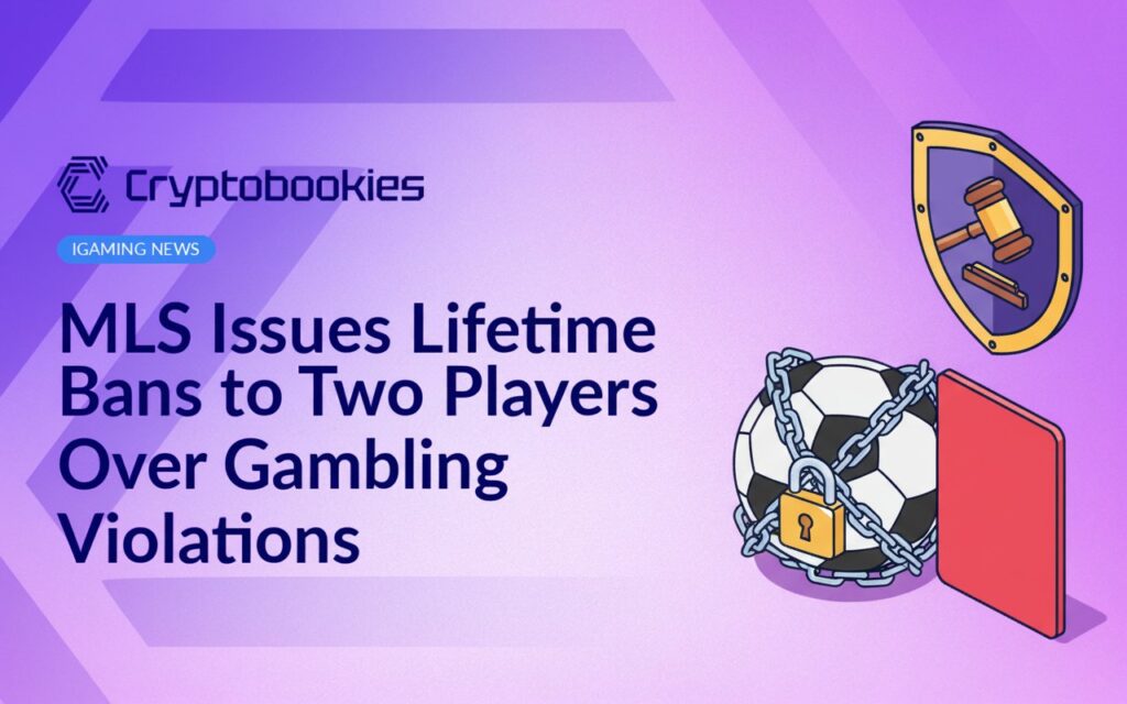 Soccer ball wrapped in chain and padlock beside an upright referee red card and league shield with gavel emblem.