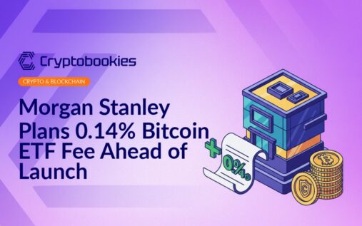 Stock exchange building, document with 0.14% tag, stacked gold coins with shield emblem on dark background