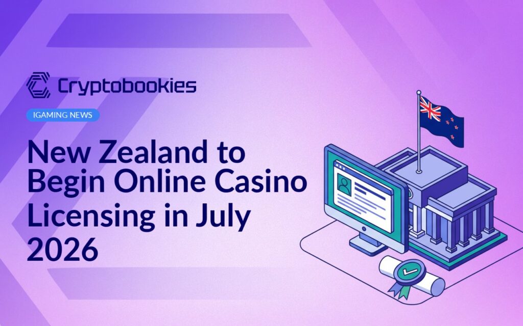 Government building with New Zealand flag, computer monitor displaying an online form, and sealed document with checkmark.