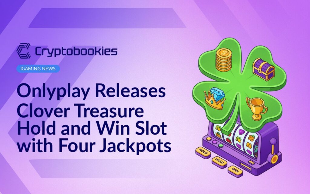 Colorful slot machine screen displaying clovers, gold coins, and jackpot amounts with a bright green background.