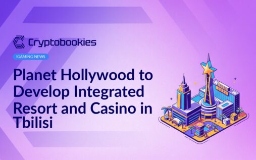 Nighttime cityscape of Tbilisi with illuminated buildings and a digital overlay of a casino and resort development plan.