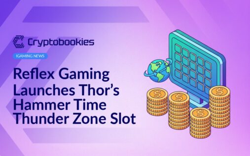 Isometric screen displaying glowing tile grid, stacked gold coin towers, and a globe with a shopping cart icon.