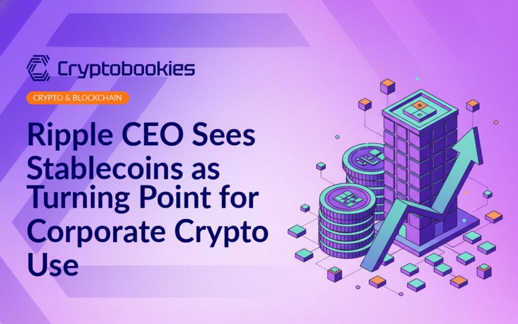 Stack of digital coins beside an office building, connected cubes, and a rising arrow chart against a dark background.