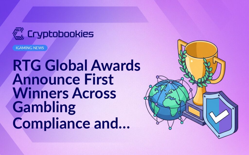 Gold trophy with laurel wreath, globe connected by network lines, and shield featuring a checkmark emblem on blue background