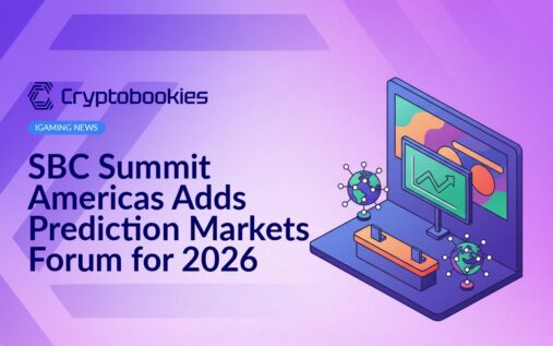 Conference hall with a large banner, presentation screen displaying a rising chart, and a globe marked with connected pins.