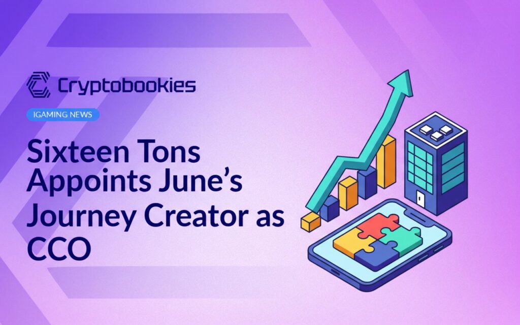 Upward growth chart with arrow beside modern office building and smartphone displaying colorful puzzle pieces on screen