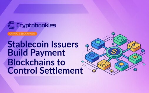 Digital network with interconnected nodes, coins symbolizing stablecoins floating above a blockchain structure.