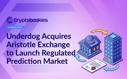 Financial exchange building, signed contract with red seal on table, circular arrows connecting two office buildings