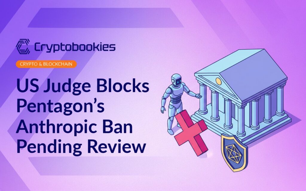 Courtroom sketch of judge reviewing documents with Pentagon and Anthropic logos displayed in the background.