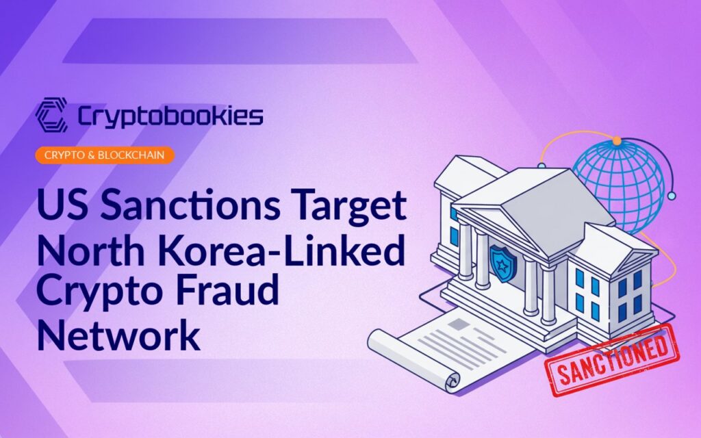 Government building with shield emblem, globe connected by network lines, and a document stamped with "Sanctions" in red.