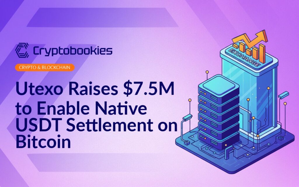 Server rack stack connected to a glowing node grid, adjacent to a modern exchange building with an upward trending chart.