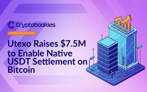 Server rack stack connected to a glowing node grid, adjacent to a modern exchange building with an upward trending chart.
