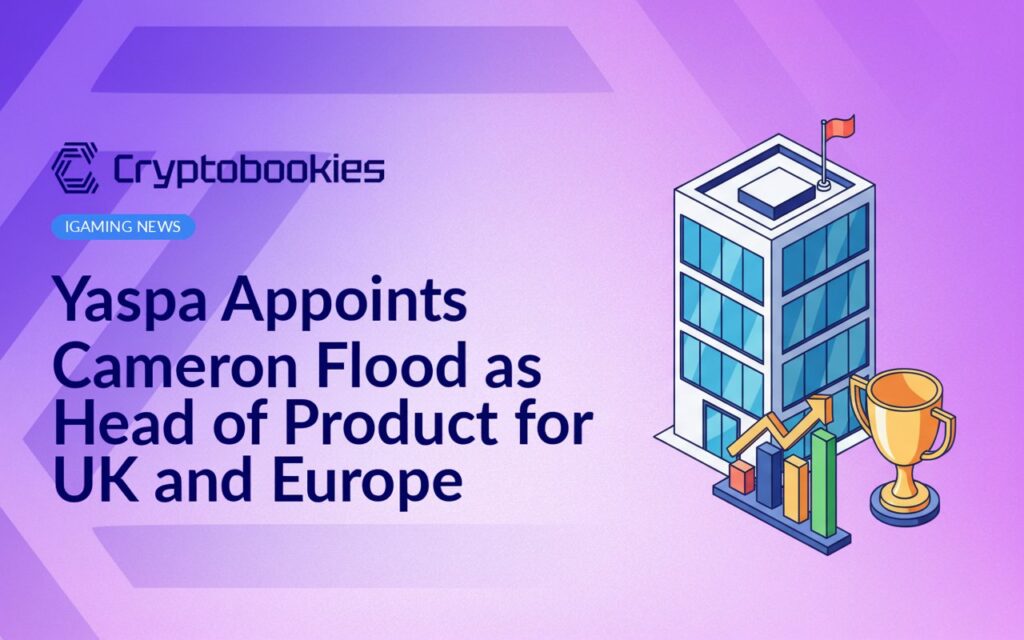 Modern office building with small rooftop flag, upward growth chart on stand, and a gold trophy cup beside it.