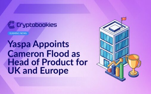 Modern office building with small rooftop flag, upward growth chart on stand, and a gold trophy cup beside it.