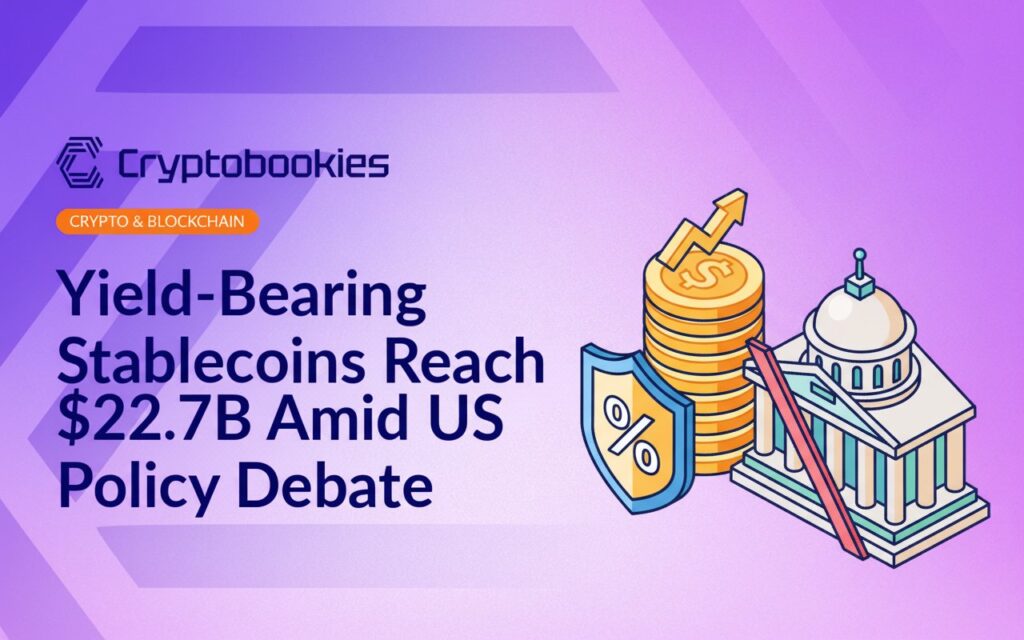 Stacked gold coins with an upward arrow, shield bearing a percent symbol, and a government building split by a barrier.