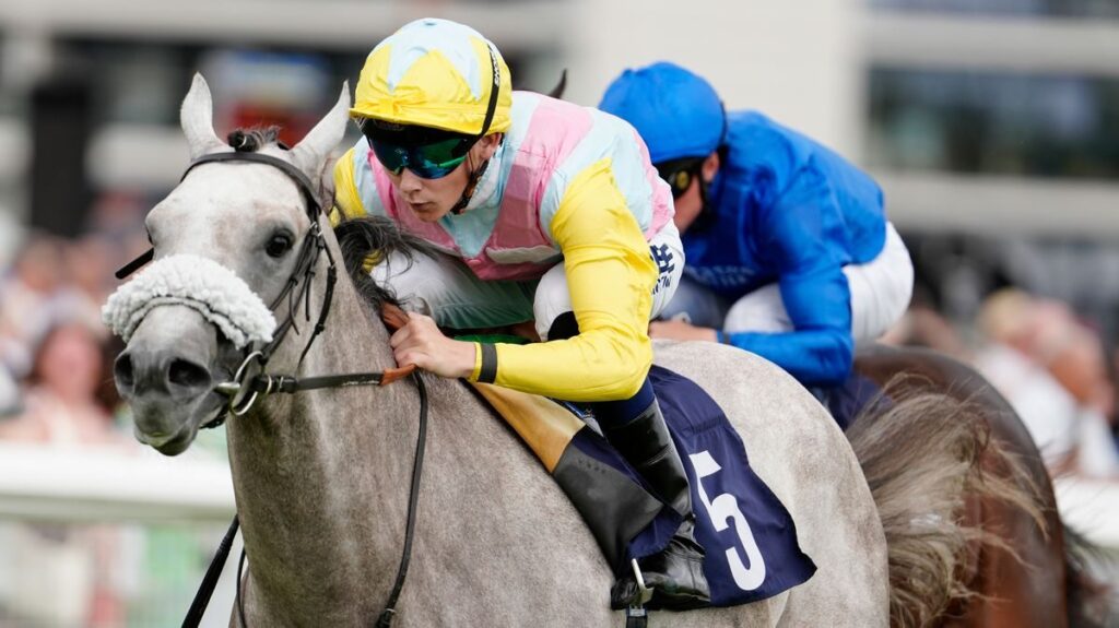 Champion racehorse Gewan being ridden by jockey James Doyle on the track prior to his fatal accident at Kempton