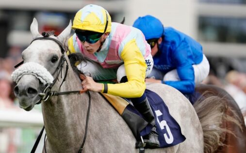 Champion racehorse Gewan being ridden by jockey James Doyle on the track prior to his fatal accident at Kempton