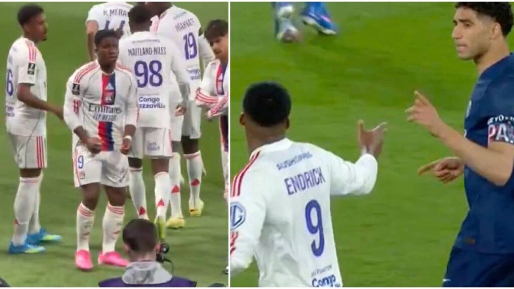 Achraf Hakimi confronting Endrick during the Ligue 1 match between Paris Saint-Germain and Lyon