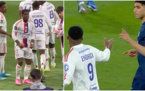 Achraf Hakimi confronting Endrick during the Ligue 1 match between Paris Saint-Germain and Lyon