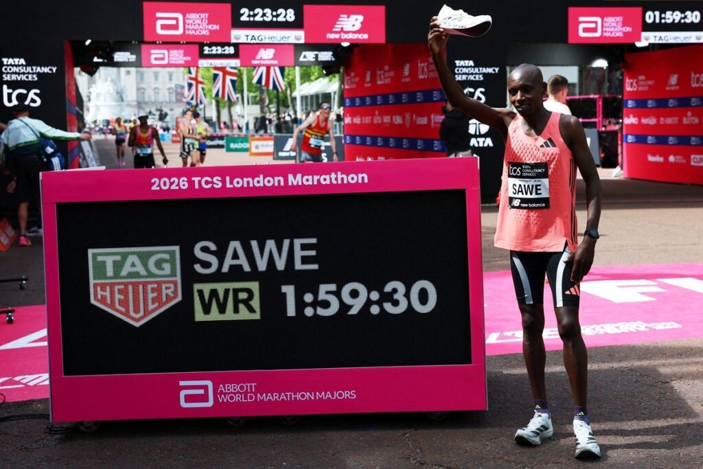 Sabastian Sawe running the London Marathon wearing Adidas supershoes