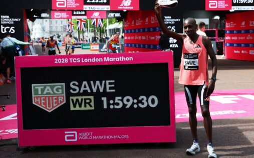 Sabastian Sawe running the London Marathon wearing Adidas supershoes