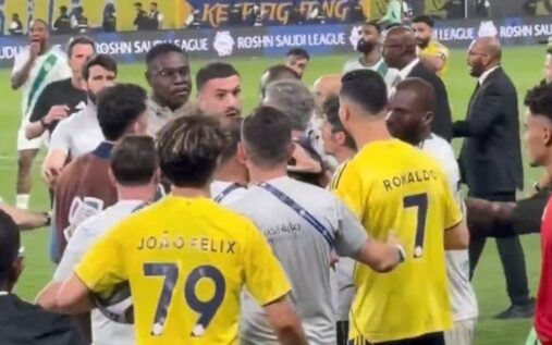 Cristiano Ronaldo gesturing during Al-Nassr's Saudi Pro League match against Al-Ahli