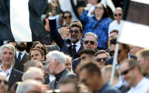 Amanda Staveley smiling in the stands during a Premier League football match