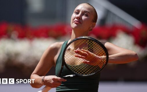 Anastasia Potapova celebrating on court after her historic quarter-final victory at the Madrid Open