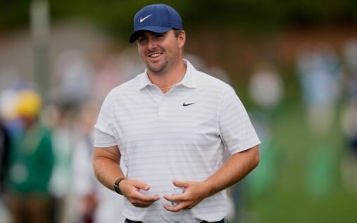 Golfer Andrew Novak lining up a putt on the green during a PGA Tour tournament