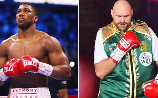 Anthony Joshua and Tyson Fury facing off in a boxing ring during a promotional event