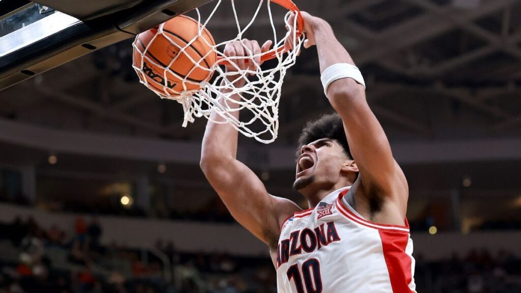 Arizona Wildcats head coach Tommy Lloyd directing his players during a college basketball game