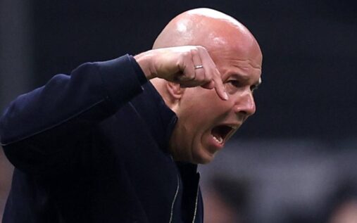 Dejected Liverpool manager Arne Slot watching his team from the Anfield touchline