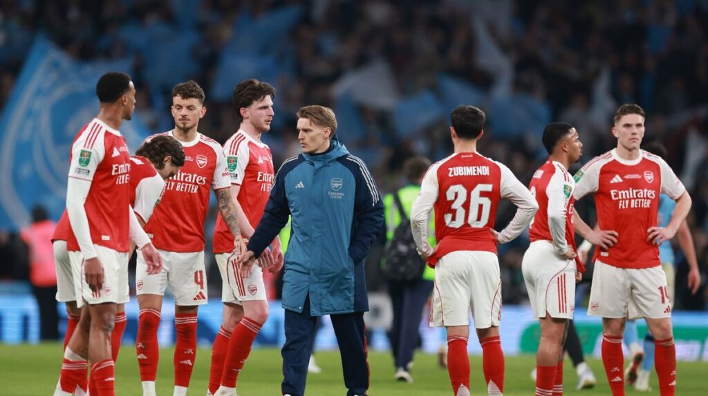 Arsenal manager Mikel Arteta looking dejected on the touchline during a cup match